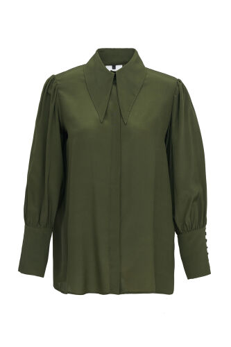 Imannoor x Rawdah Pointed Collar Green Crepe Silk Shirt 