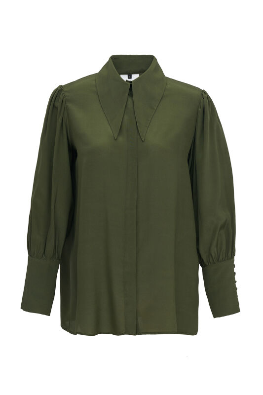 Imannoor x Rawdah Pointed Collar Green Crepe Silk Shirt - 1
