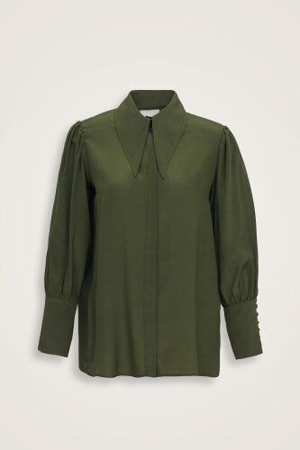 Imannoor x Rawdah Pointed Collar Green Crepe Silk Shirt 