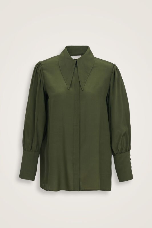 Imannoor x Rawdah Pointed Collar Green Crepe Silk Shirt - 1