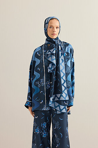 Iman's Rose Navy Blue Crepe Silk Kimono Shawl - 3