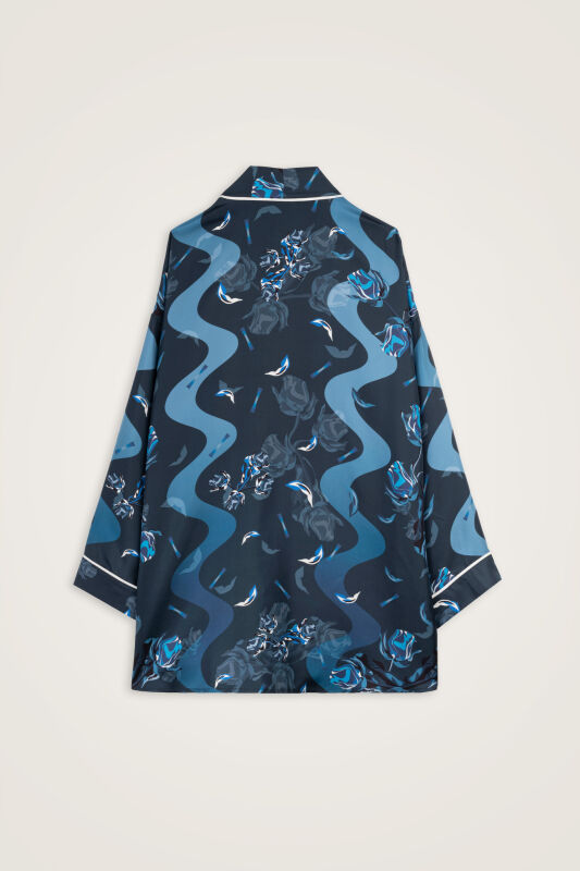Iman's Rose Navy Blue Twill Silk Kimono - 2