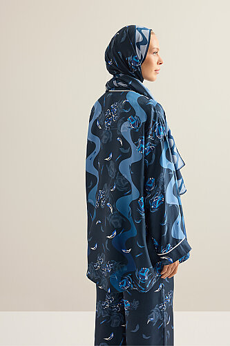 Iman's Rose Navy Blue Twill Silk Kimono - 7