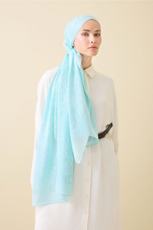 Monogram İmza Açık Turkuaz Shiny Jakar Şal 70x200 - 3