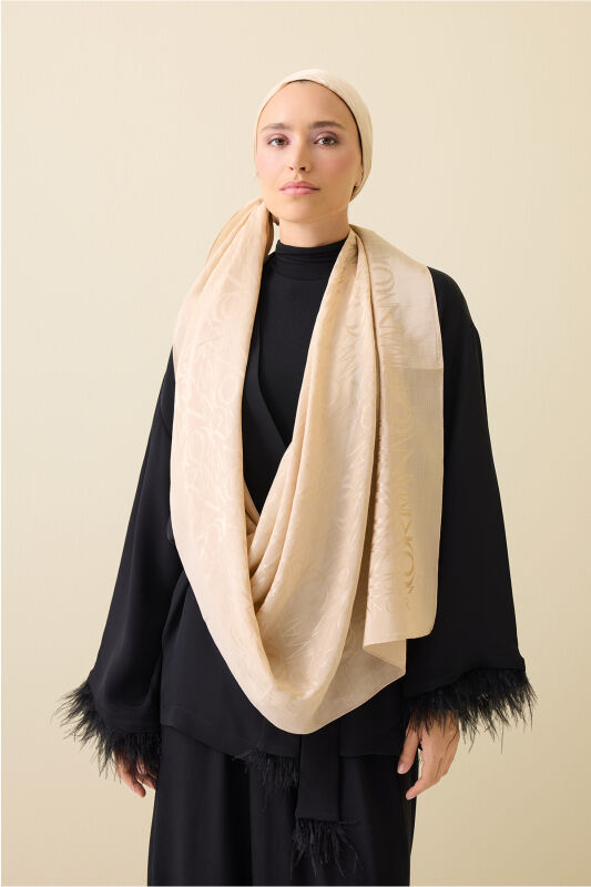 Monogram İmza Bal Beji Shiny Jakar Şal 70x200 - 3