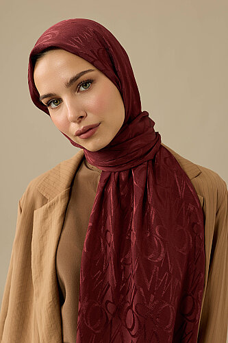 Monogram İmza Bordo Shiny Jakar Şal 70x200 - Imannoor (3)