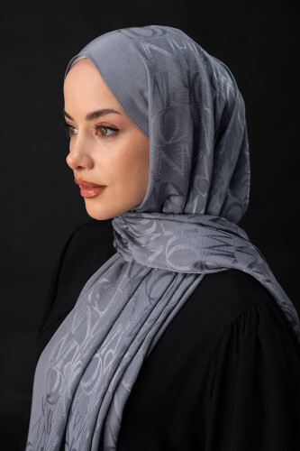 İmza Monogram Gri Shiny Jakar Şal 70x200 