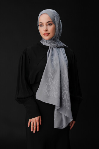 İmza Monogram Gri Shiny Jakar Şal 70x200 - 3