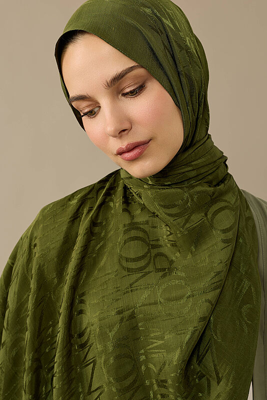 Monogram İmza Haki Shiny Jakar Şal 70x200 - 5