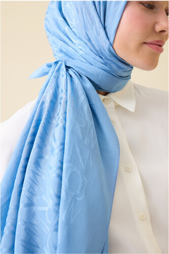 Monogram İmza Mavi Shiny Jakar Şal 70x200 - 5