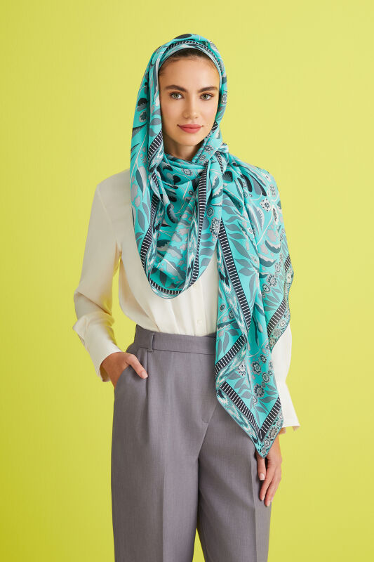 Ivy Labyrinth Silk Shawl Turquoise - 3