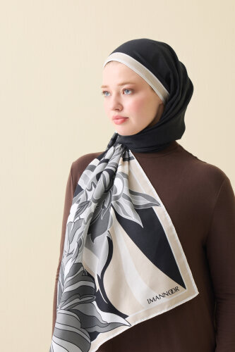 Joy Pattern Black-Beige Cotton Silk Shawl - Imannoor