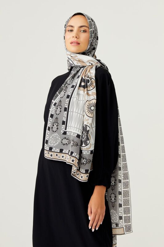 Kafdağı Çiçeği Bej İpek Şal 80x200 - 6