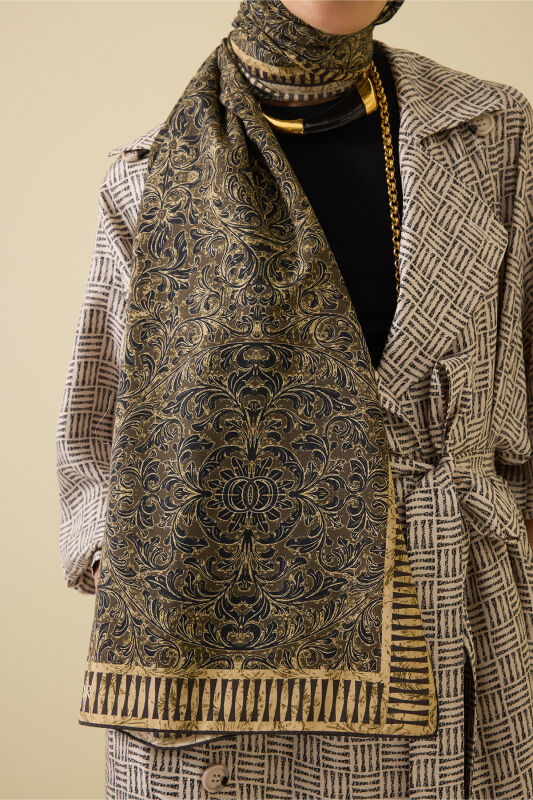 Kapı Desen Haki Pamuk İpek Şal 70x210 - 5