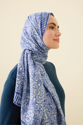 Kapı Desen Mavi Pamuk İpek Şal 70x210 - Imannoor (1)