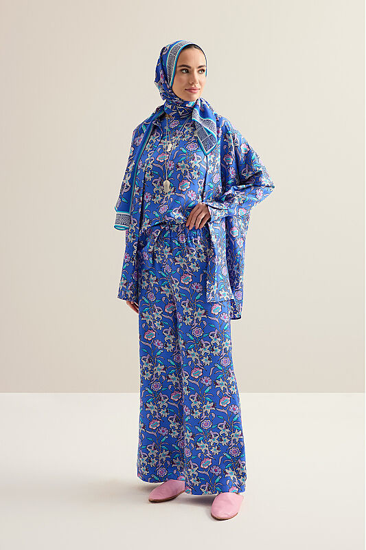 Kaplan Çiçeği Fuşya-Saks Tivil İpek Pantolon - 3