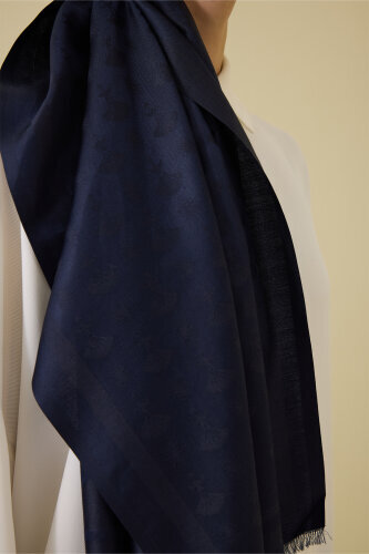 Karanfil Monogram Koyu Mavi İpek Şal 68x200 - 5