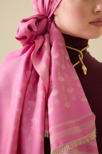 Karanfil Monogram Pembe İpek Şal 68x200 - 5