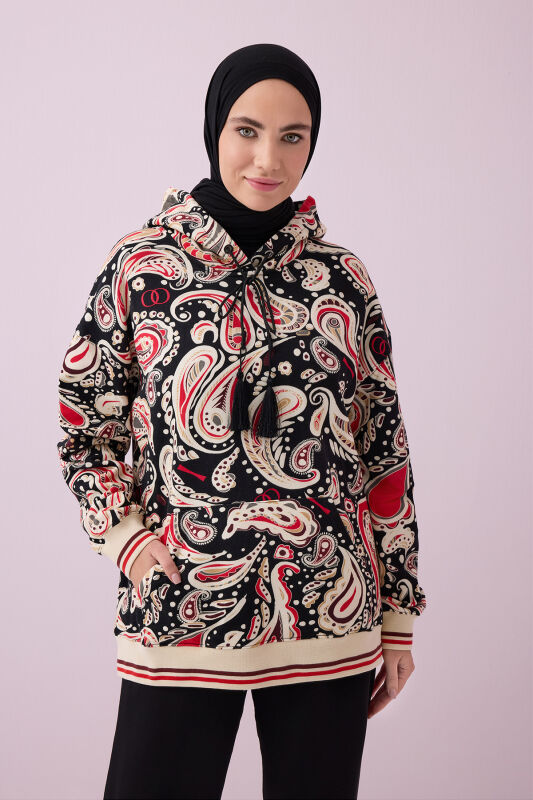 Keşmir Siyah-Bej Üç İplik Kapşonlu Eşofman Üstü - 1