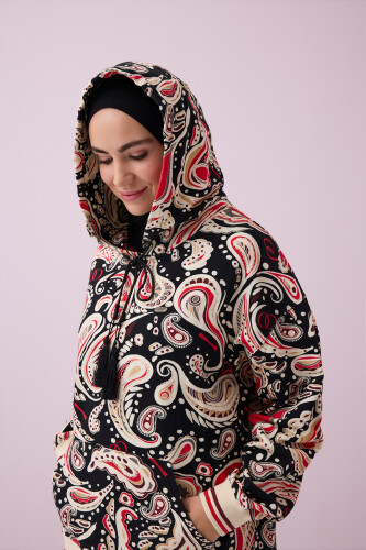 Keşmir Siyah-Bej Üç İplik Kapşonlu Eşofman Üstü - 5