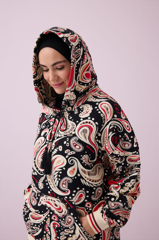 Keşmir Siyah-Bej Üç İplik Kapşonlu Eşofman Üstü - 5