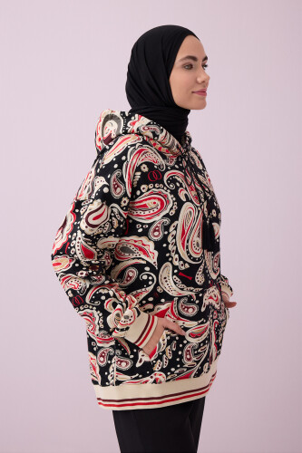 Keşmir Siyah-Bej Üç İplik Kapşonlu Eşofman Üstü - 6