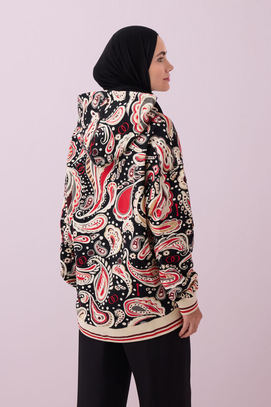 Keşmir Siyah-Bej Üç İplik Kapşonlu Eşofman Üstü - 7