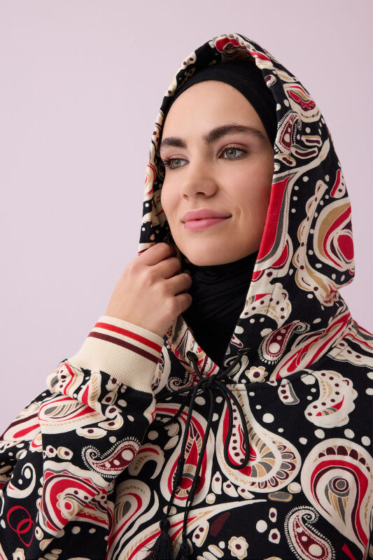 Keşmir Siyah-Bej Üç İplik Kapşonlu Eşofman Üstü - 3