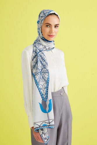 Key Hole Silk Shawl Blue - 5