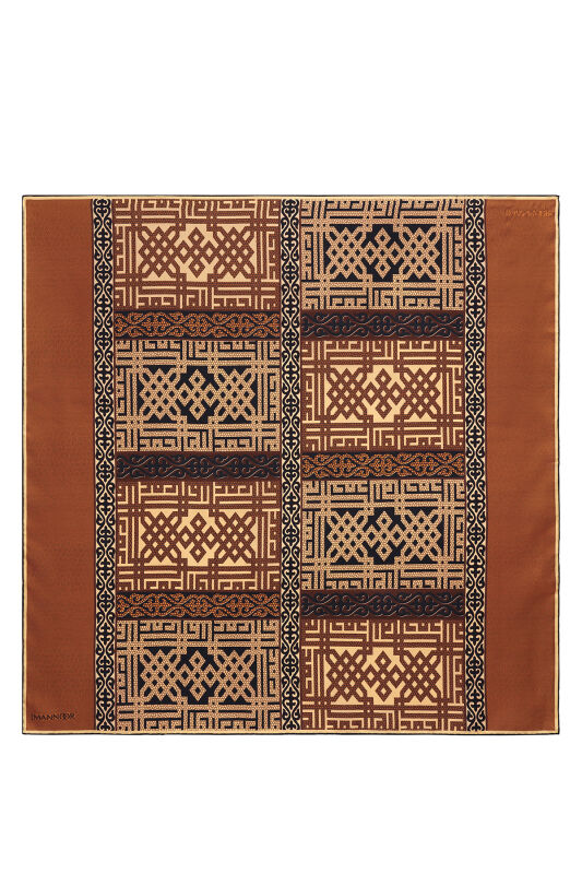 Kilim Bej-Turuncu Çift Taraflı Tivil İpek Eşarp 90x90 - 2