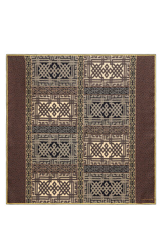 Kilim Bej-Turuncu Çift Taraflı Tivil İpek Eşarp 90x90 