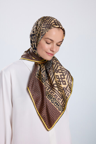 Kilim Bej-Turuncu Çift Taraflı Tivil İpek Eşarp 90x90 - 5
