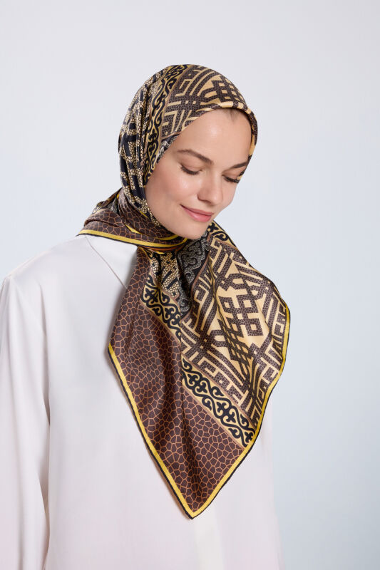 Kilim Bej-Turuncu Çift Taraflı Tivil İpek Eşarp 90x90 - 5