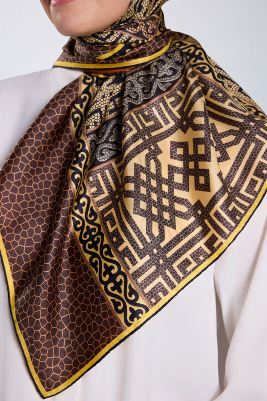 Kilim Bej-Turuncu Çift Taraflı Tivil İpek Eşarp 90x90 - 3