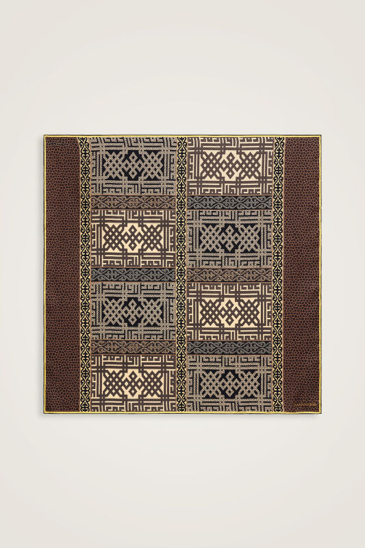 Kilim Bej-Turuncu Çift Taraflı Tivil İpek Eşarp 90x90 - 2