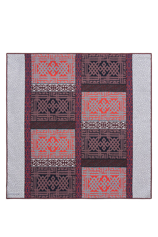 Kilim Kırmızı-Mavi Çift Taraflı Tivil İpek Eşarp 90x90 - 1