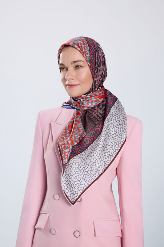 Kilim Kırmızı-Mavi Çift Taraflı Tivil İpek Eşarp 90x90 - 1