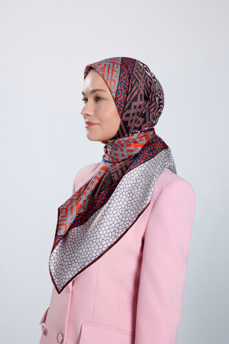 Kilim Kırmızı-Mavi Çift Taraflı Tivil İpek Eşarp 90x90 - 5