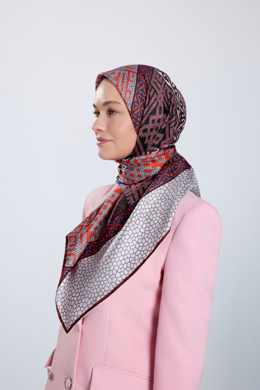 Kilim Kırmızı-Mavi Çift Taraflı Tivil İpek Eşarp 90x90 - 5