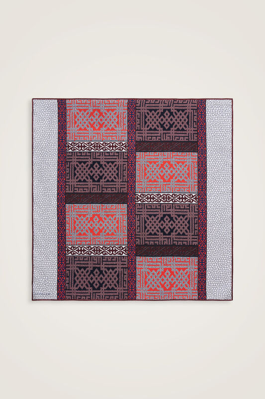 Kilim Kırmızı-Mavi Çift Taraflı Tivil İpek Eşarp 90x90 - 2