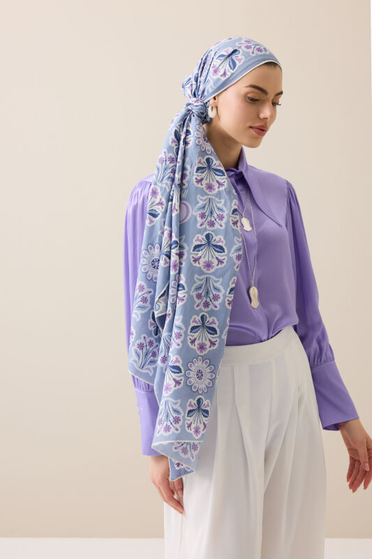 Kır Çiçeği Gri-Mürdüm Pamuk İpek Şal 70x210 - 3