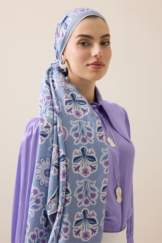 Kır Çiçeği Gri-Mürdüm Pamuk İpek Şal 70x210 - 1
