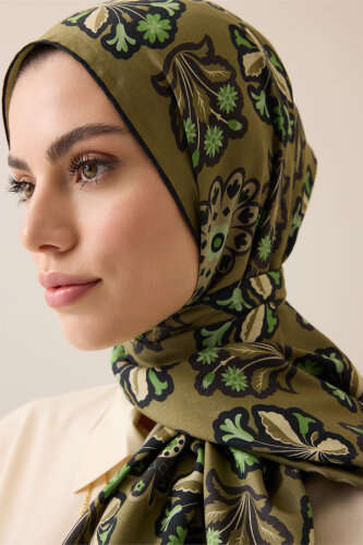 Kır Çiçeği Haki Pamuk İpek Şal 70x210 - Imannoor (3)