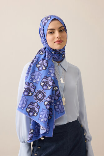 Kır Çiçeği Mor-Denim Pamuk İpek Şal 70x210 - 6