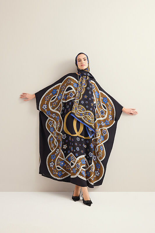 Knitted Black Crepe Silk Kaftan - 1