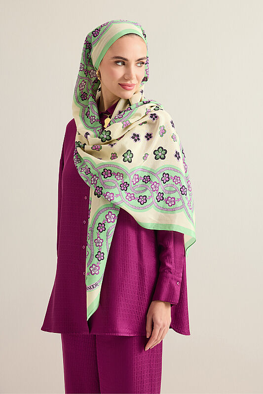 Knitted Green-Lilac Floss Cotton Scarf - 5