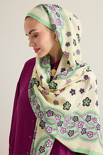 Knitted Green-Lilac Floss Cotton Scarf 