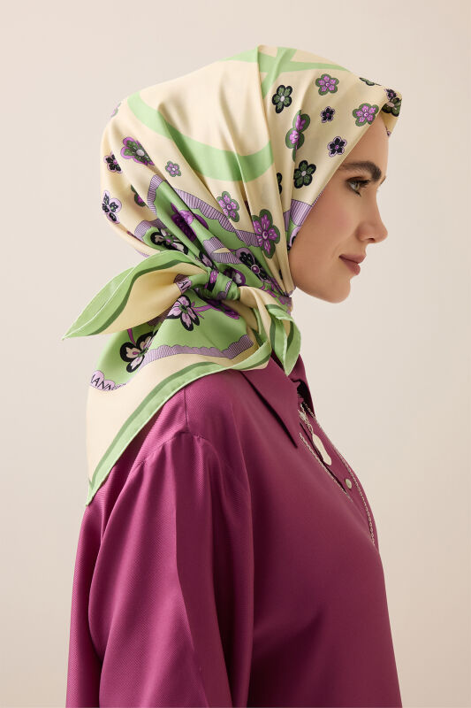 Knitted Green-Lilac Twill Silk Scarf 90x90 - 1