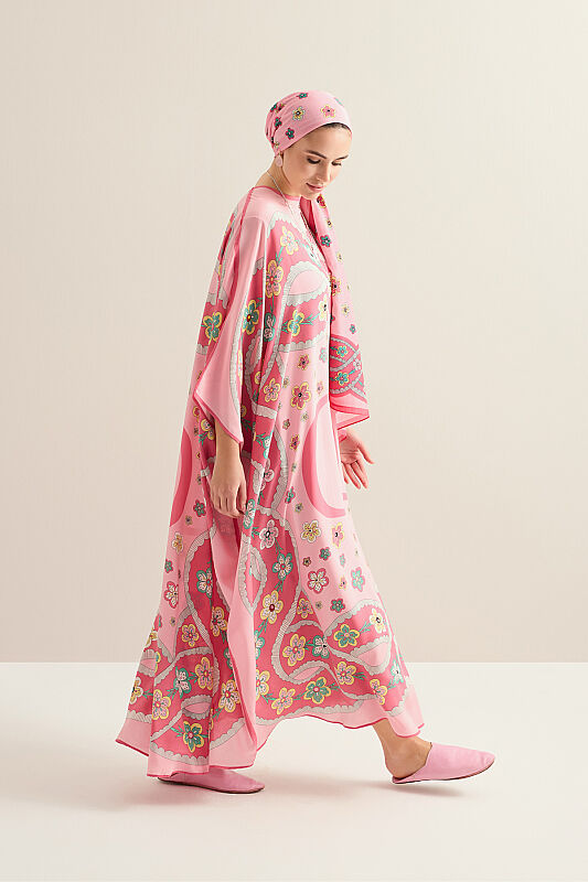 Knitted Pink Crepe Silk Kaftan - 5