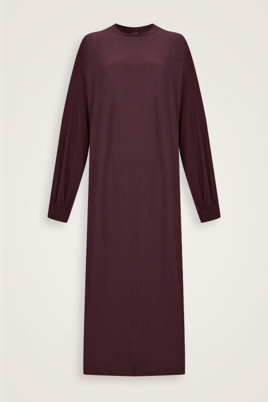  Kol Ağzı Ribana Bordo Penye Elbise - 1